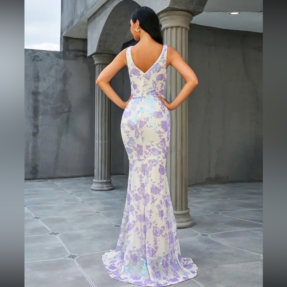 Luxe plunging V neck mermaid hem prom party sequins dress - Picture 2 of 5